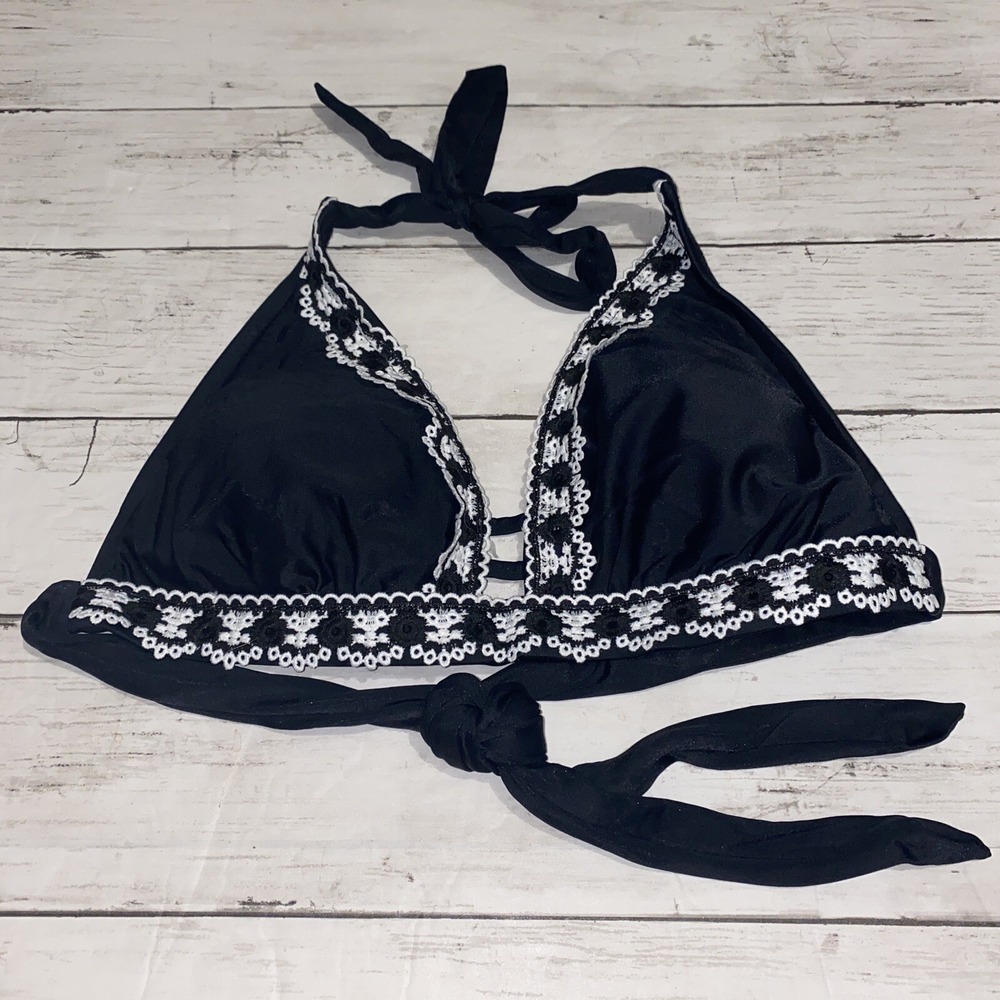 Kona Sol Bikini Top Womens‎ Small Black Lace Embroidery Swim Neck Tie NEW Target